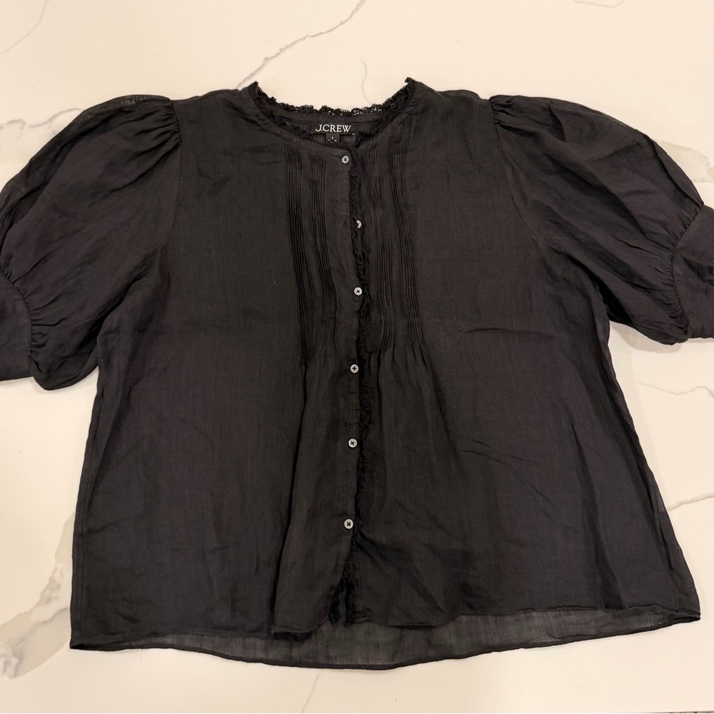 J. Crew Black Puff Sleeve Button-Front Blouse L
